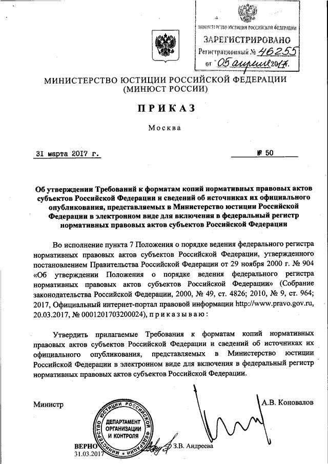 Приказ 50 с изменениями. Требования Министерства юстиции Российской Федерации. Приказ 050